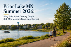 Couple walking along a lakeside trail in Prior Lake MN with homes, docks, and a pontoon boat visible across the water on a sunny summer evening