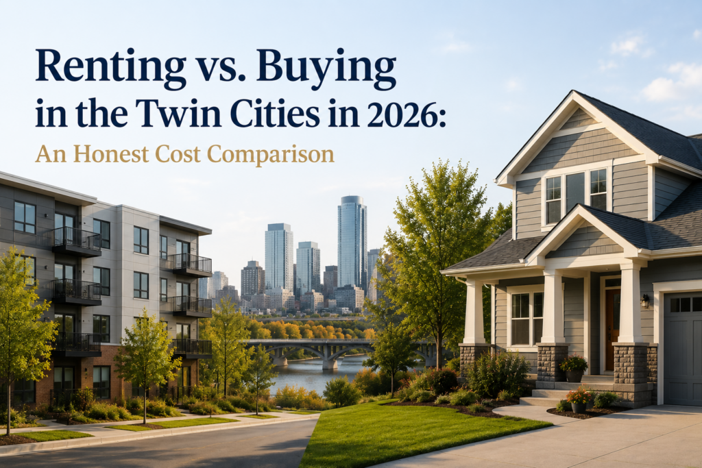 Renting vs. buying in the Twin Cities in 2026 — apartment building on the left, suburban home on the right, Minneapolis skyline and river bridge in the background