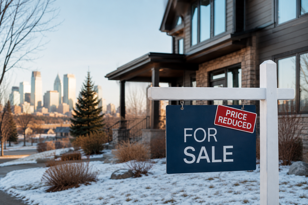 "For Sale" sign with "Price Reduced" tag in front of Twin Cities home, winter skyline behind