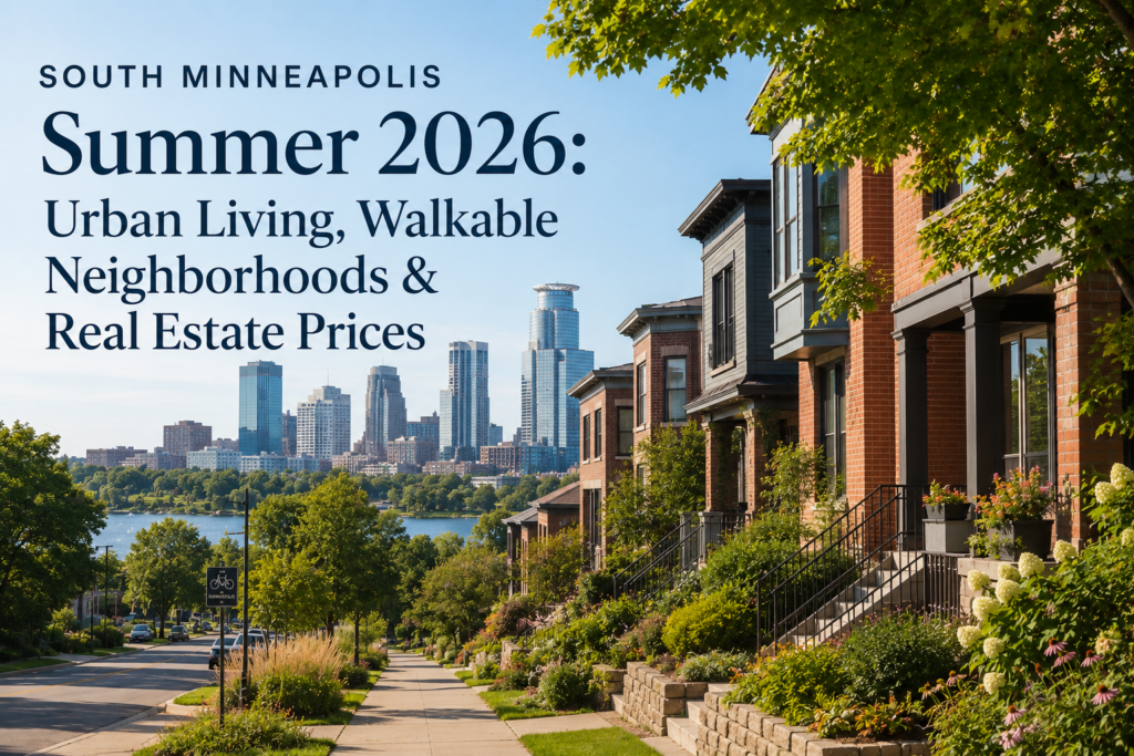 Alt text: South Minneapolis row houses along a tree-lined walking path with the downtown Minneapolis skyline and a lake in the background, summer 2026