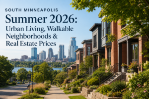 Alt text: South Minneapolis row houses along a tree-lined walking path with the downtown Minneapolis skyline and a lake in the background, summer 2026