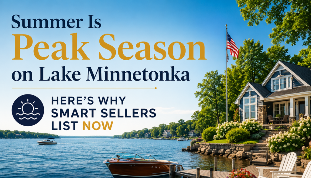 Lakefront home on Lake Minnetonka in summer with a classic wooden boat docked and Adirondack chairs on the deck