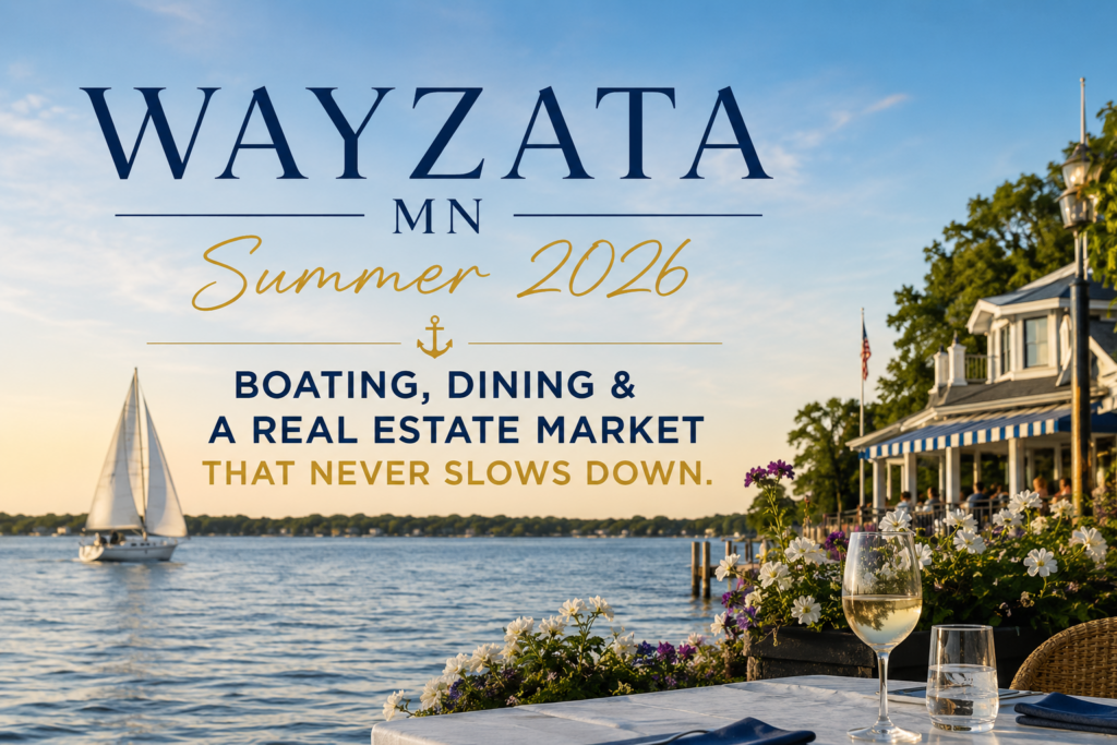 Lakefront dining table with wine glass overlooking Lake Minnetonka with sailboat at sunset in Wayzata MN