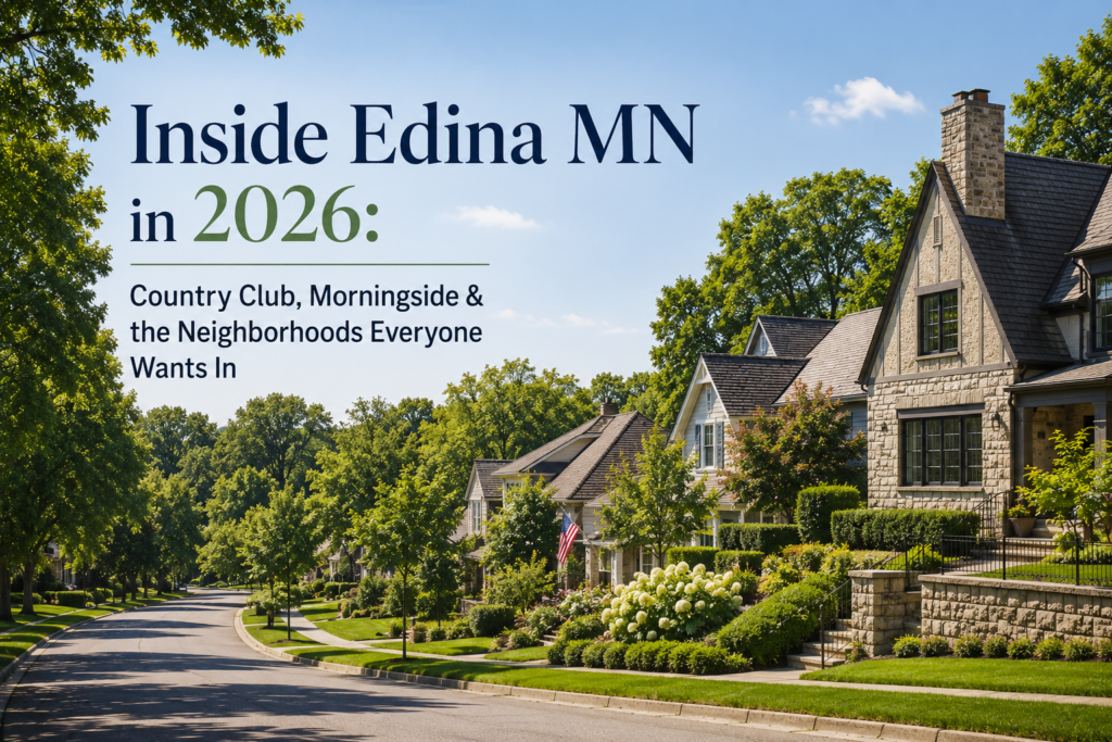 Tree-lined street of historic homes in Edina, MN with text "Inside Edina MN in 2026: Country Club, Morningside"