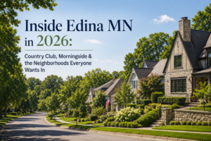 Tree-lined street of historic homes in Edina, MN with text "Inside Edina MN in 2026: Country Club, Morningside"