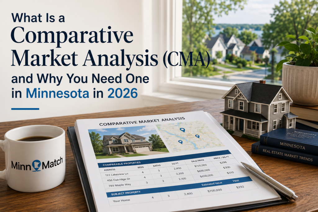 Comparative market analysis report on a desk with a Minnesota home, neighborhood map, and MinnMatch coffee mug