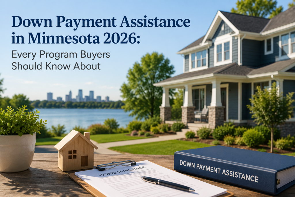 Down Payment Assistance in Minnesota 2026 — home purchase clipboard, house model, and binder with Twin Cities lake and skyline in background