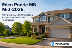 Two-story blue and brick home with manicured lawn in Eden Prairie, MN — mid-2026 housing market update from MinnMatch