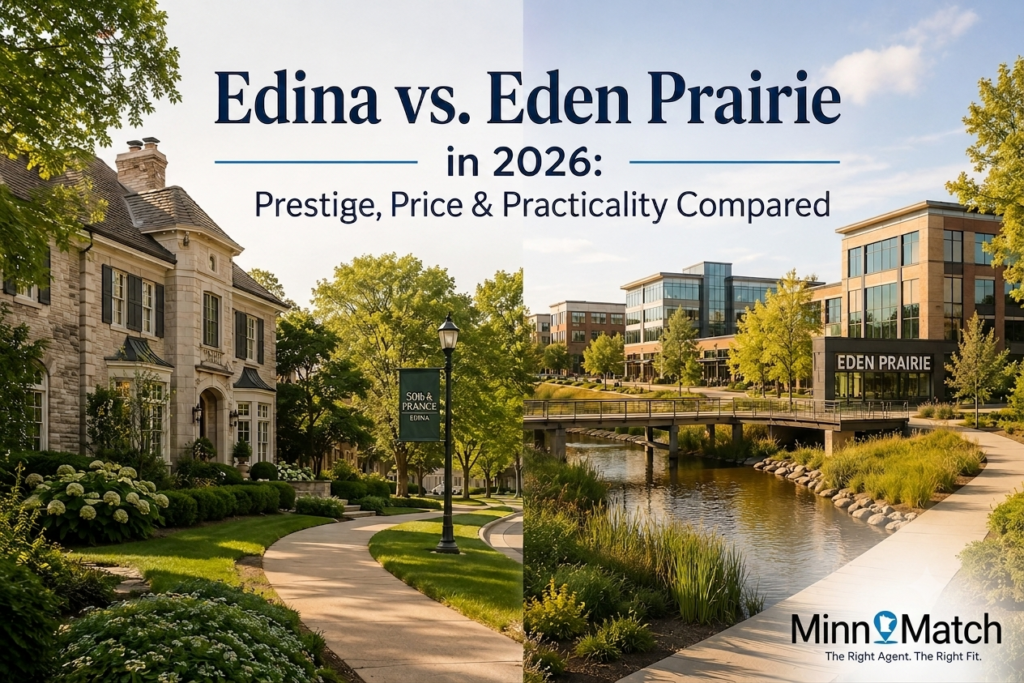 Edina vs. Eden Prairie MN suburb comparison — 50th & France district next to Eden Prairie's downtown walkway