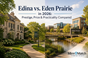 Edina vs. Eden Prairie MN suburb comparison — 50th & France district next to Eden Prairie's downtown walkway