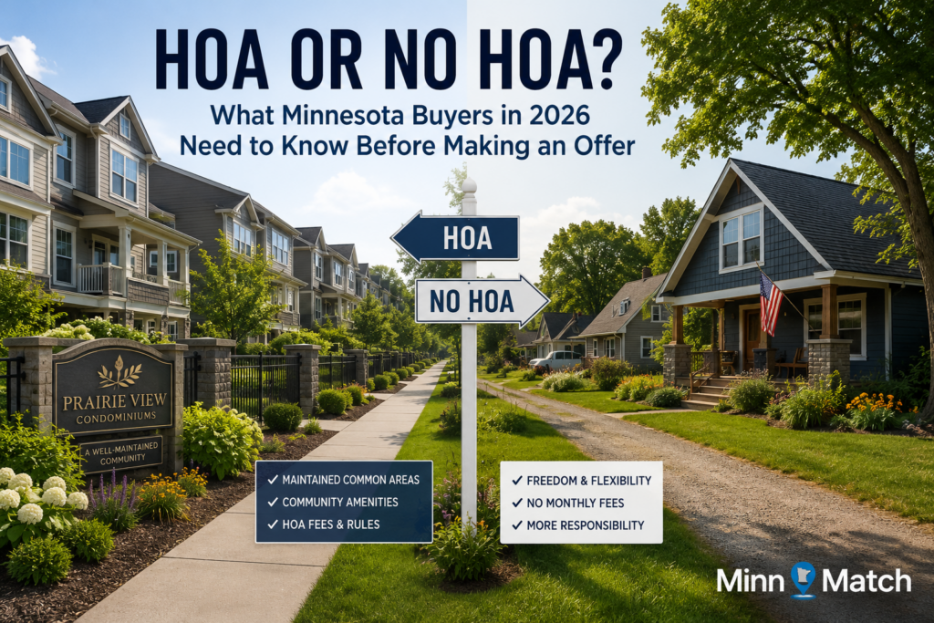 Split graphic comparing HOA townhome community and non-HOA single-family home with a signpost pointing each direction