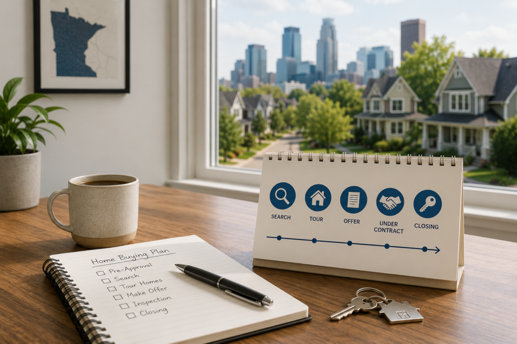 Desk scene with a home buying timeline calendar showing search, tour, offer, under contract, and closing steps, Minneapolis skyline in background