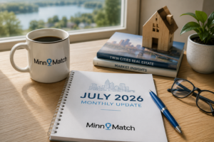 MinnMatch July 2026 monthly Twin Cities real estate market update notebook on desk with coffee mug and model home