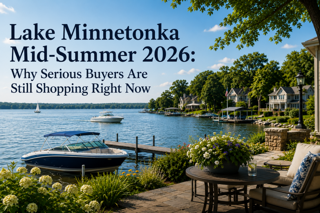 Lakefront patio with docked boats on Lake Minnetonka in mid-summer 2026