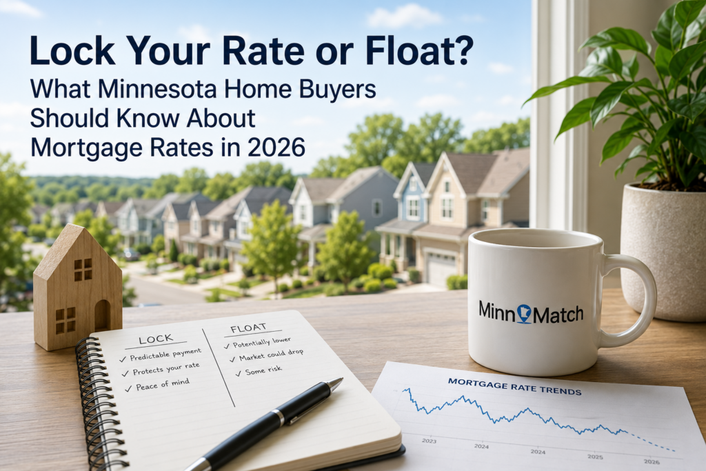 Notebook comparing lock vs. float mortgage rate options with MinnMatch mug and Twin Cities homes
