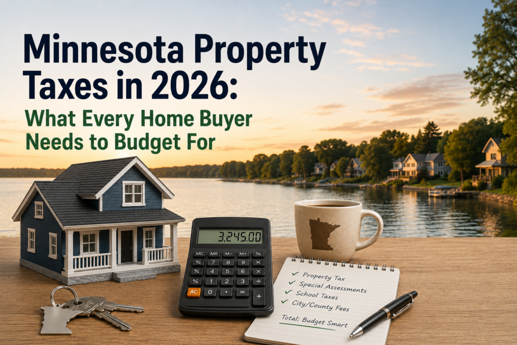 Minnesota property taxes 2026 header graphic with model home, calculator showing $3,245, and budgeting checklist by a Twin Cities lake