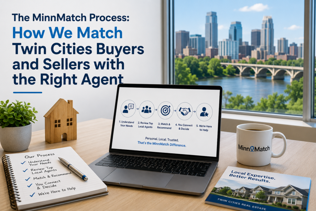 The MinnMatch process: a 5-step agent matching workflow shown on a laptop overlooking the Minneapolis skyline