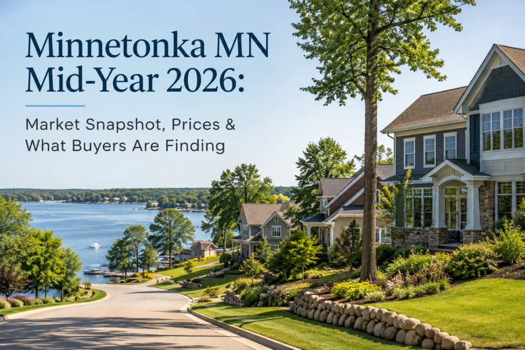 Minnetonka MN mid-year 2026 market snapshot with lakefront homes and Lake Minnetonka shoreline in the background