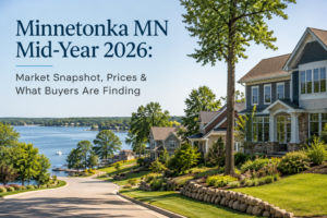 Minnetonka MN mid-year 2026 market snapshot with lakefront homes and Lake Minnetonka shoreline in the background
