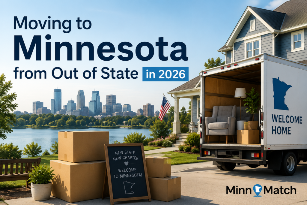 Moving truck with "Welcome Home" Minnesota decal parked at a Twin Cities house, skyline across the lake, MinnMatch logo