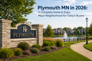 Stone Plymouth, MN entrance sign beside a landscaped pond with townhomes in the background