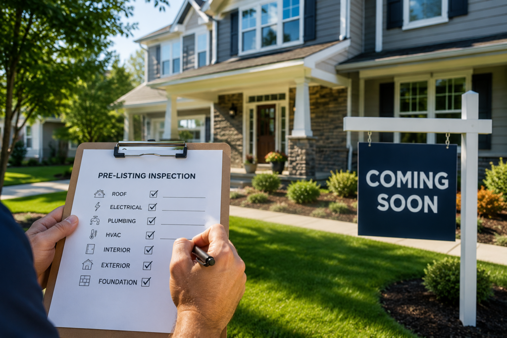 Person holding a "Pre-Listing Inspection" checklist clipboard in front of a Twin Cities home with a "Coming Soon" real estate sign