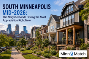 Tree-lined South Minneapolis residential street with historic homes and downtown Minneapolis skyline in the background, MinnMatch branded featured image