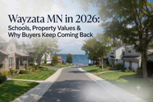 Tree-lined street in Wayzata, MN leading to Lake Minnetonka, homes on both sides