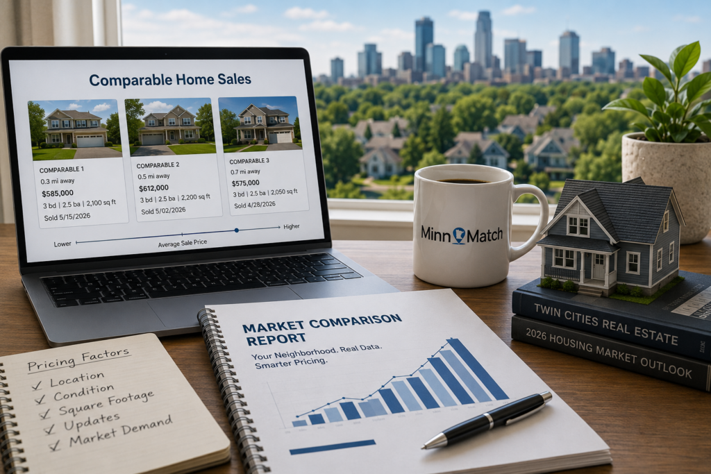 Laptop showing comparable home sales data next to a Twin Cities market comparison report and pricing checklist