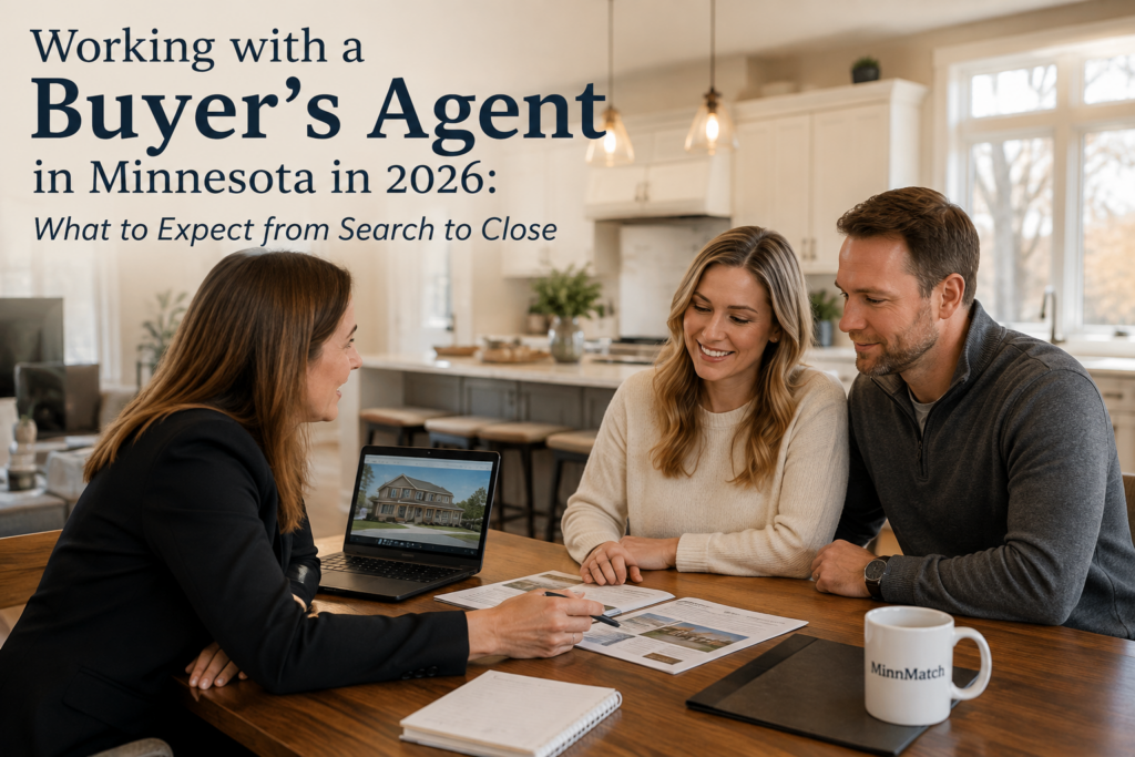 Buyer's agent meeting with a couple at a kitchen table, reviewing home listings and paperwork in Minnesota