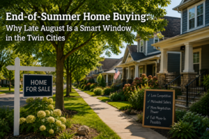 Home for sale sign on a tree-lined Twin Cities street, illustrating late summer home buying advantages