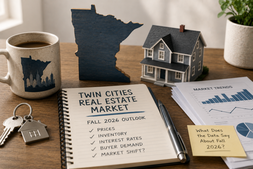 Notebook reading "Twin Cities Real Estate Market Fall 2026 Outlook" with Minnesota cutout, coffee, and market trend charts