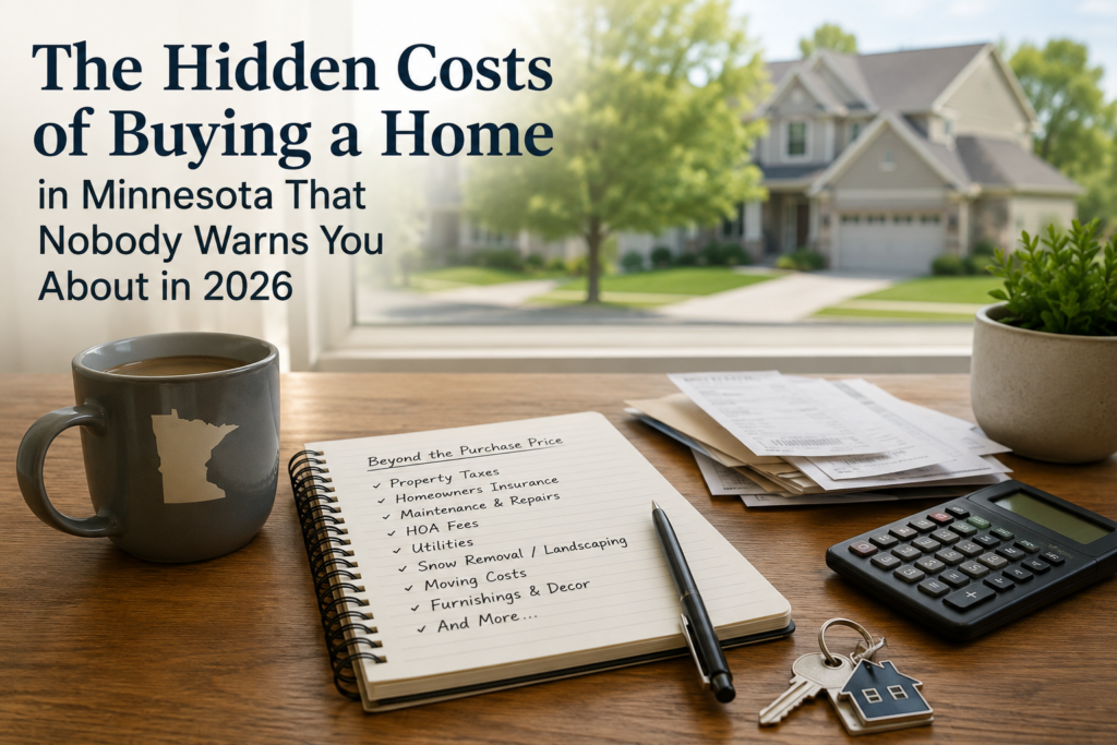 Notebook checklist of hidden home buying costs in Minnesota with coffee mug, calculator, and house keys
