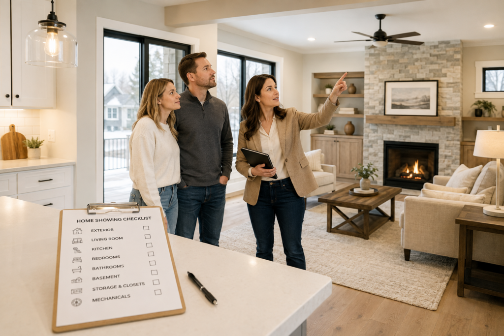 Agent showing a couple the living room during a Minnesota home showing, with a home showing checklist clipboard in the foreground