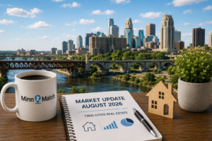 MinnMatch coffee mug and August 2026 Twin Cities real estate market update notebook overlooking the Minneapolis skyline