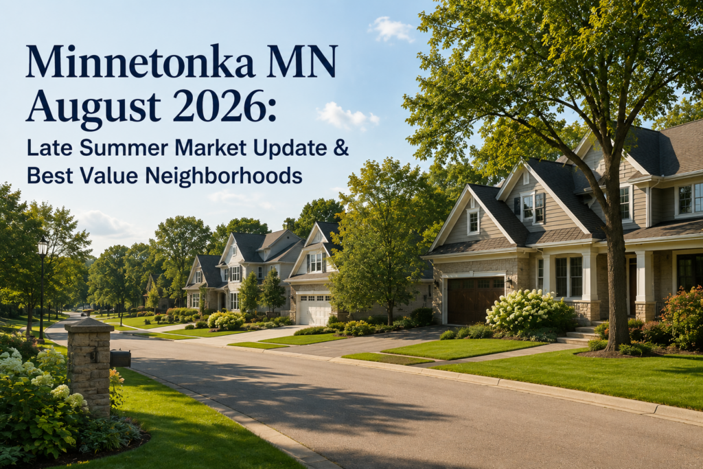 Tree-lined Minnetonka MN neighborhood street with craftsman-style homes, August 2026
