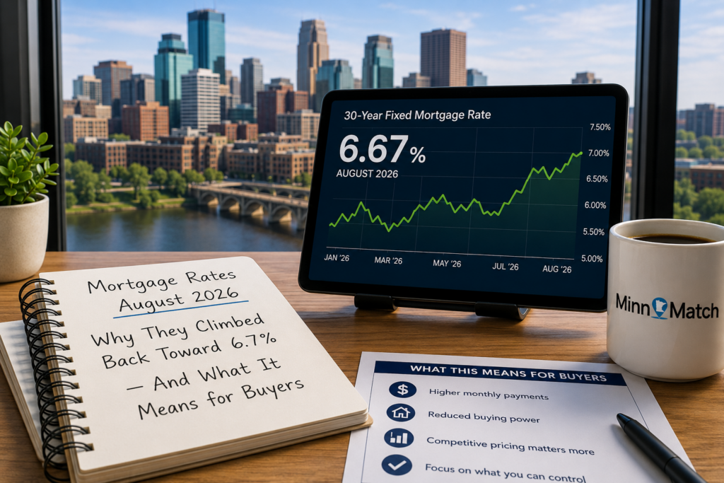 Twin Cities mortgage rates chart showing 6.67% 30-year fixed rate climbing from January to August 2026, MinnMatch mug on desk with Minneapolis skyline