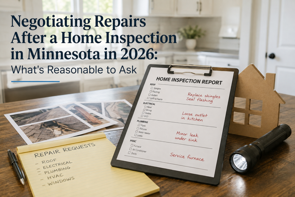 Home inspection report on clipboard with handwritten repair requests for roof, electrical, plumbing, and HVAC in a Minnesota kitchen