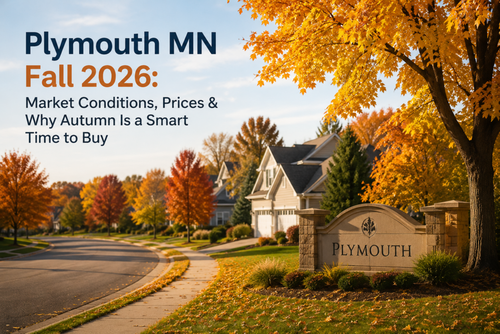 Plymouth MN welcome sign framed by fall foliage, with text reading "Plymouth MN Fall 2026: Market Conditions, Prices & Why Autumn Is a Smart Time to Buy"