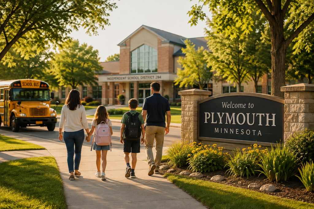 Family walking to school past the Welcome to Plymouth Minnesota sign