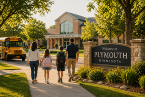 Family walking to school past the Welcome to Plymouth Minnesota sign