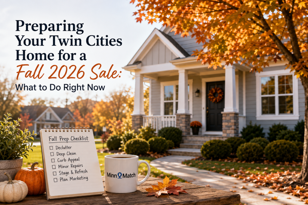 Twin Cities fall home prep checklist notepad, coffee mug, and pumpkins on a porch table with a house in autumn foliage
