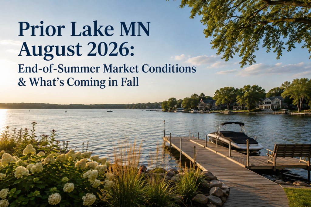 Prior Lake MN lakefront dock at sunset with boat, late summer 2026