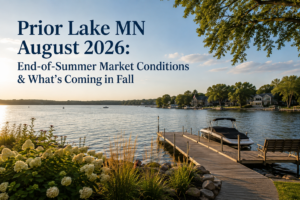 Prior Lake MN lakefront dock at sunset with boat, late summer 2026