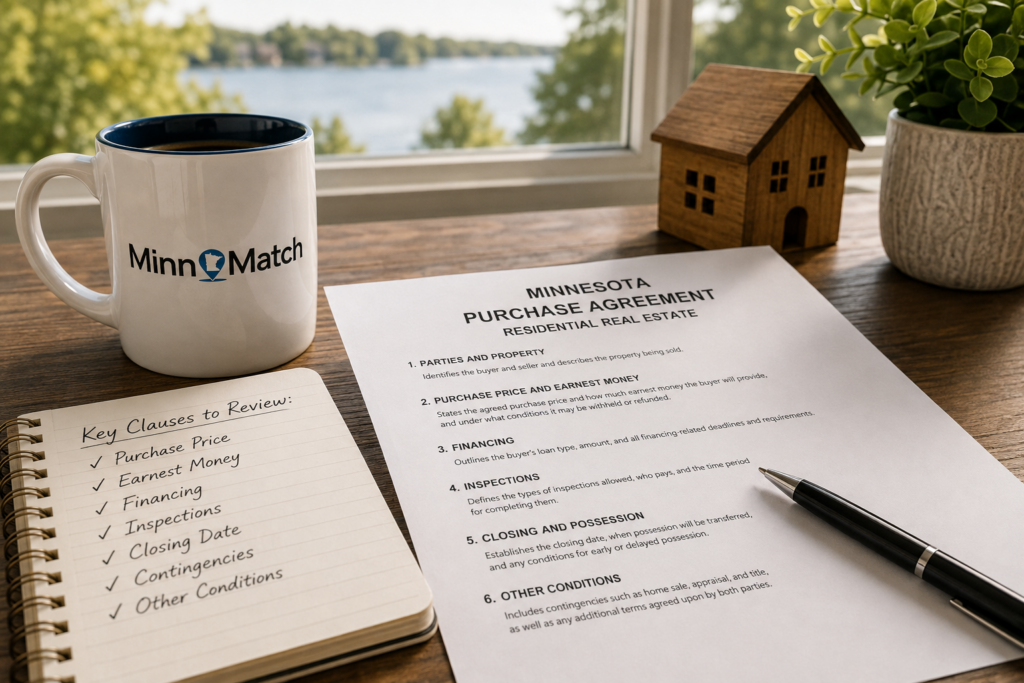 Minnesota purchase agreement document with key clauses checklist, MinnMatch coffee mug, and lake view in background