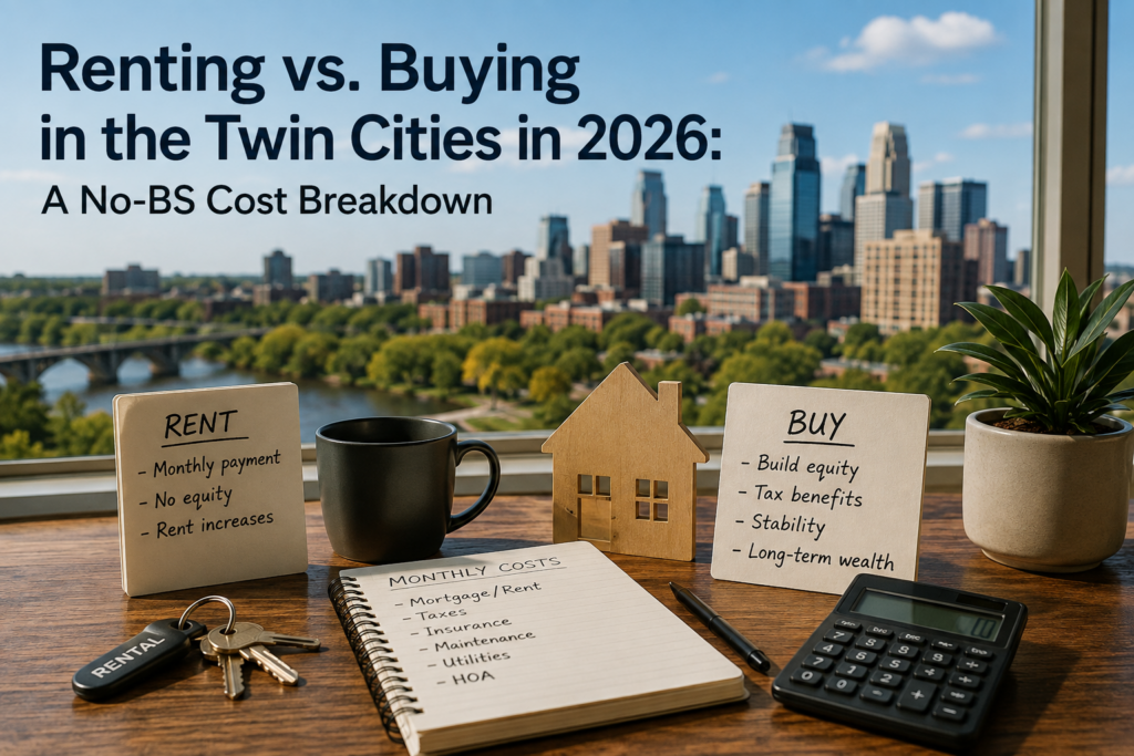 Rent vs. buy comparison notes with Minneapolis skyline, house model, and calculator on desk