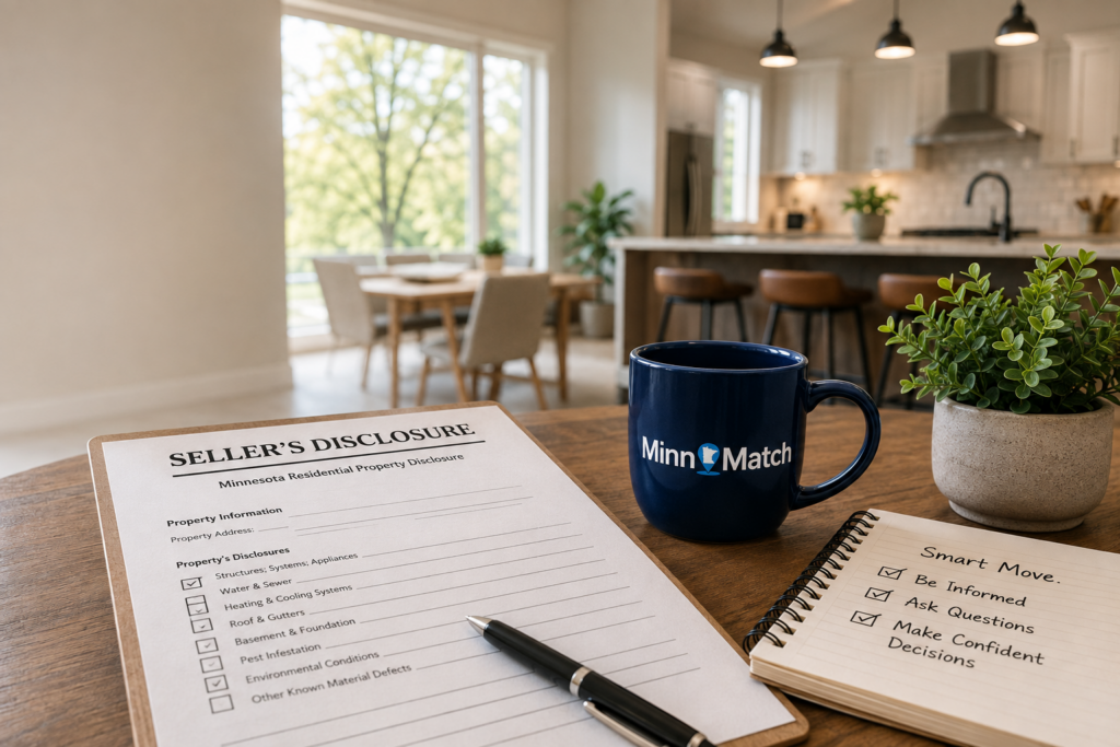 Seller's disclosure form on a kitchen table next to a MinnMatch mug and a notepad reading "Smart Move: Be Informed, Ask Questions, Make Confident Decisions"
