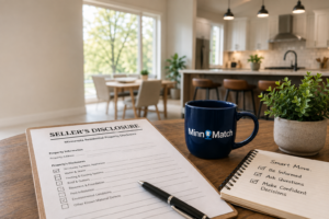 Seller's disclosure form on a kitchen table next to a MinnMatch mug and a notepad reading "Smart Move: Be Informed, Ask Questions, Make Confident Decisions"