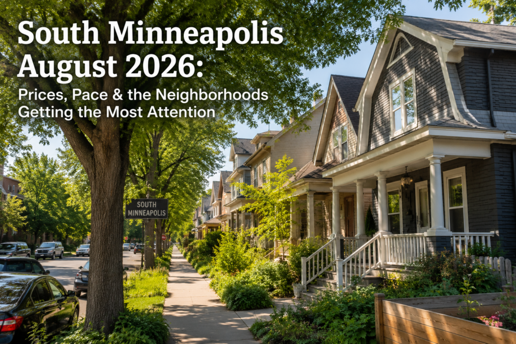 Tree-lined South Minneapolis street with front-porch homes, featured image for August 2026 market update