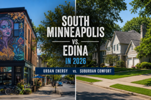 Split image comparing South Minneapolis urban street with mural and coffee shop to Edina suburban street with tree-lined homes, text reads South Minneapolis vs. Edina in 2026, Urban Energy vs. Suburban Comfort